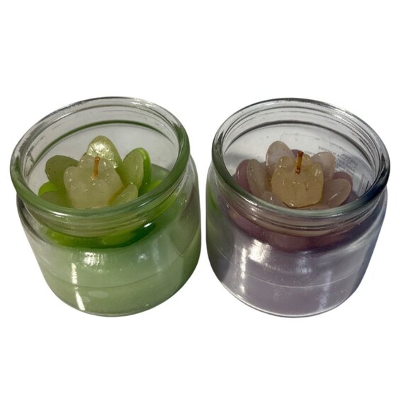 Lotus Flower Glass Jar Candles Set Of 2 Green & Purple 3" Tall - Picture 2 of 6